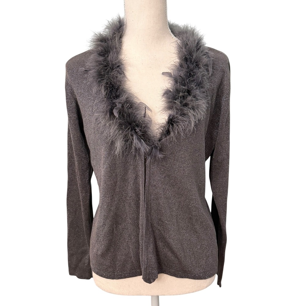 Joseph A Silk Blend Feather Trim Cardigan Gunmetal Metallic Shimmer XL NWT